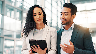 Buy stock photo Meeting, office and business people on tablet for online project, collaboration and discussion. Professional, corporate team and man and woman on digital tech for research, website and proposal