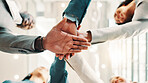 Stack of hands, collaboration and business people in office with diversity, achievement or unity. Solidarity, teamwork and corporate staff together for synergy, support or partnership from below.