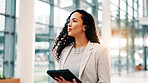 Lobby, thinking  and business woman with tablet in office for communication, connection and email. Professional, corporate and person on digital tech for contact, online website and b2b networking