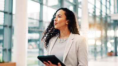 Buy stock photo Lobby, thinking and business woman with tablet in office for communication, connection and email. Professional, corporate and person on digital tech for contact, online website and B2B networking