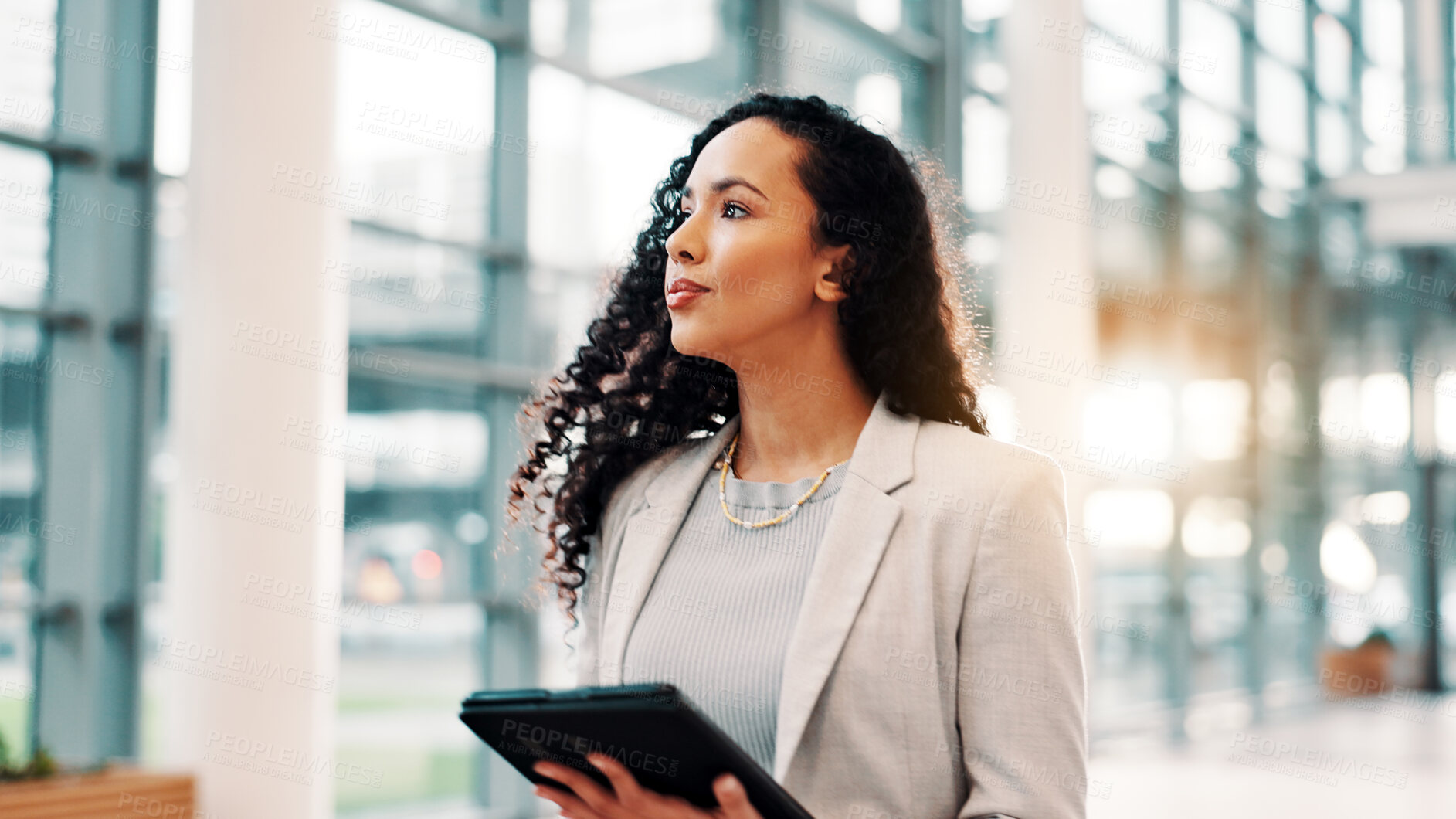 Buy stock photo Lobby, thinking and business woman with tablet in office for communication, connection and email. Professional, corporate and person on digital tech for contact, online website and B2B networking