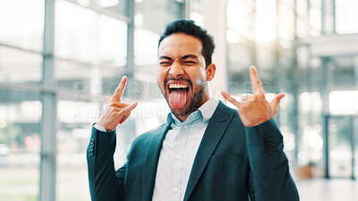Buy stock photo Businessman, rock sign and celebration at office with tongue out, success and portrait at corporate job. Person, happy and symbol with shouting, cheers and excited for goals at financial agency