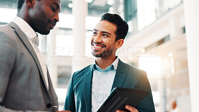 Buy stock photo Meeting, office and business men with tablet for online project, collaboration and discussion. Professional, corporate team and workers on digital tech for research, website and proposal in lobby