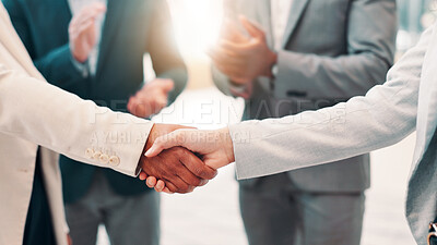 Buy stock photo Handshake, business people with trust or agreement, deal or support with team mission in office. Partnership, collaboration or success with achievement, shaking hands for solidarity and applause