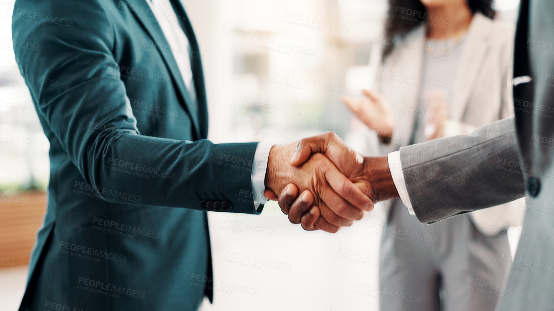 Buy stock photo Shaking hands, business people with trust or agreement, deal or support with team mission in office. Partnership, collaboration or success with achievement, handshake for solidarity and applause