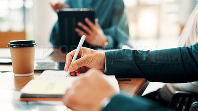 Buy stock photo Hands, notebook and writing at meeting, office and business people with planning, strategy and brainstorming. Person, boardroom and notes with review, agenda or project management at finance agency
