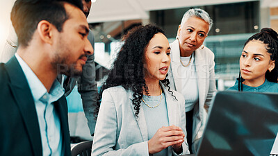 Buy stock photo Business people, laptop and meeting in office for planning, campaign management or project feedback. Company team, woman leader or discussion at tech for brainstorming, online presentation or advice