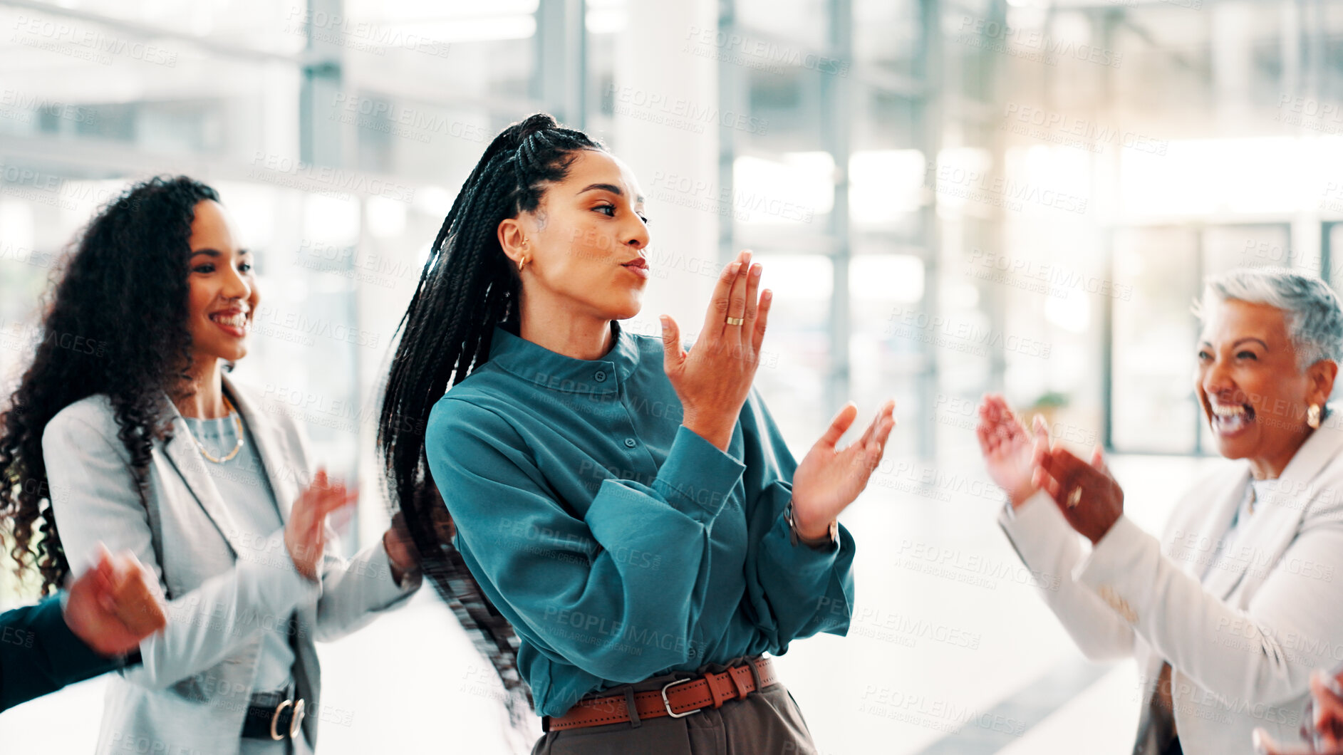 Buy stock photo Business people, applause and dancing in office for achievement, promotion support or congratulations. Woman, company team or clapping in agency for celebration, excited and cheer for bonus reward