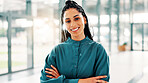 Portrait, business and woman with arms crossed in office for bookkeeping, about us and accountant. Happy, person and company consultant with financial experience, career ambition and asset management