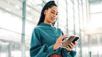 Lobby, office and business woman with phone for communication, internet connection and social media. Professional, corporate and person on smartphone for contact, online website and b2b networking