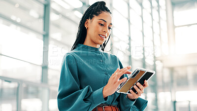 Buy stock photo Lobby, office and business woman with phone for communication, internet connection and social media. Professional, corporate and person on smartphone for contact, online website and B2B networking