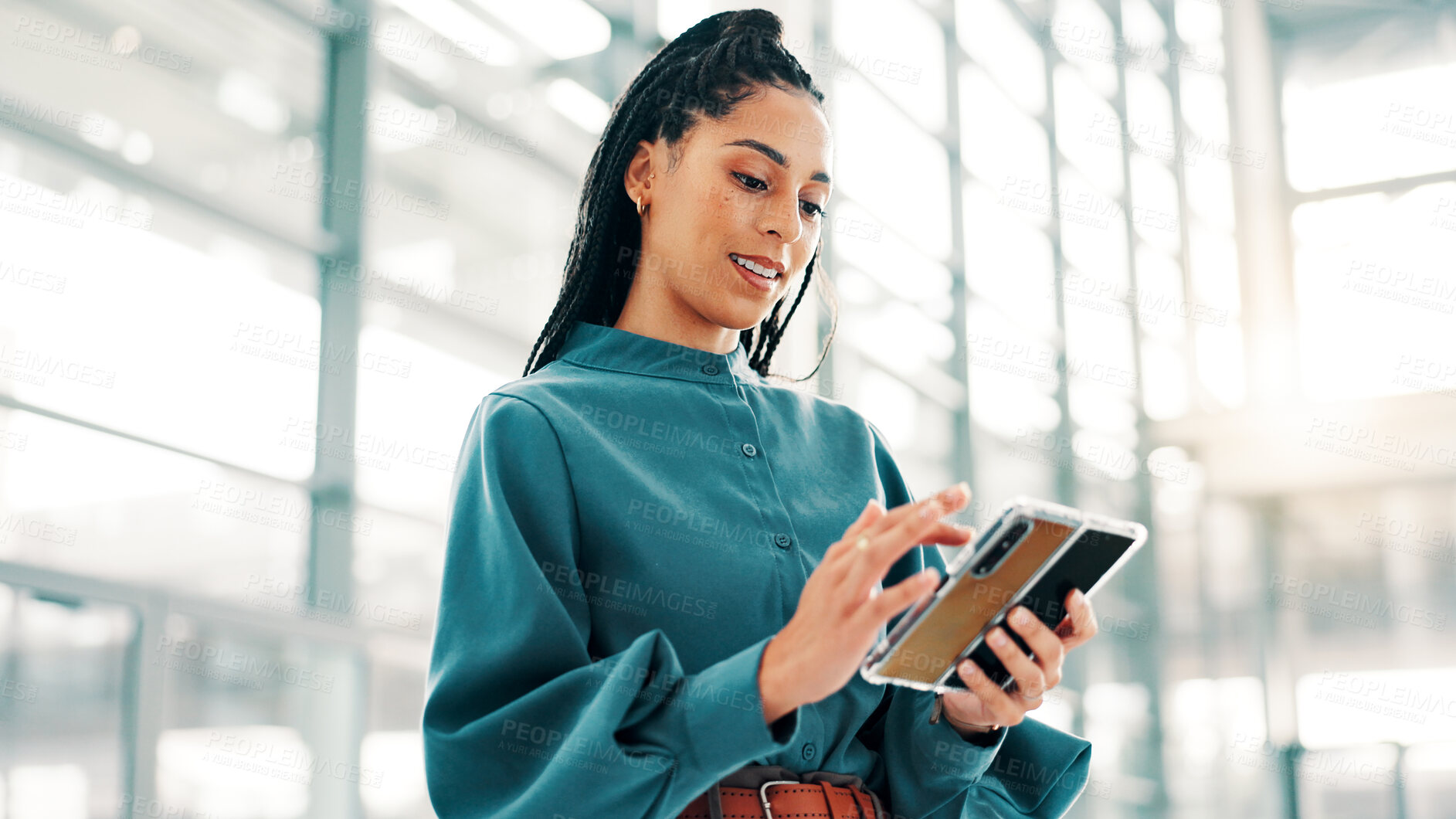 Buy stock photo Lobby, office and business woman with phone for communication, internet connection and social media. Professional, corporate and person on smartphone for contact, online website and B2B networking