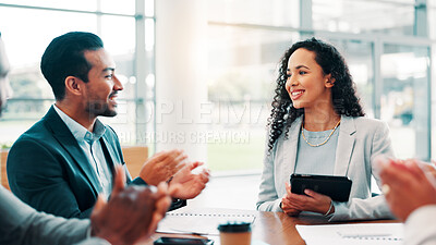 Buy stock photo Applause, success and business woman with meeting, support and achievement celebration in office. People, collaboration and clapping hands for good news, partnership and feedback for winner goals
