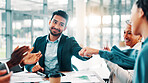 Fist bump, success and businessman with meeting, applause and achievement celebration in office. People, collaboration and clapping hands for good news, partnership and feedback for winner goals