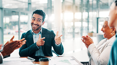 Buy stock photo Finger guns, success and businessman with meeting, applause and achievement celebration in office. People, collaboration and clapping hands for good news, partnership and feedback for winner goals
