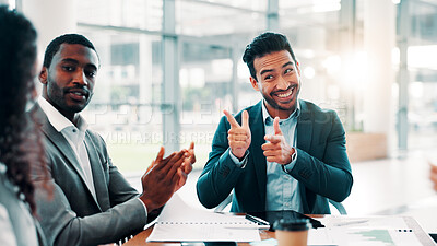Buy stock photo Finger guns, smile and businessman with meeting, applause and achievement celebration in office. People, collaboration and clapping hands for good news, partnership and feedback for winner goals