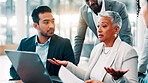 Business, people and confused at laptop for meeting, campaign planning and project mistake in office. Company team, woman manager and shrug at computer for problem solving, online review and advice