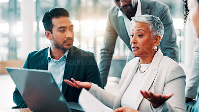Buy stock photo Business, people and confused at laptop for meeting, campaign planning and project mistake in office. Company team, woman manager and shrug at computer for problem solving, online review and advice