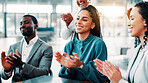 Applause, presentation and business people in office with achievement, meeting or target. Happy, cheering and team of financial managers with clapping hands for good news on company investment.