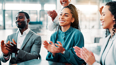 Buy stock photo Applause, presentation and business people in office with achievement, meeting or target. Happy, cheering and team of financial managers with clapping hands for good news on company investment.