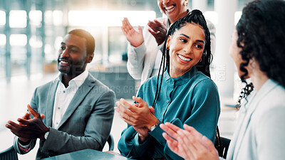 Buy stock photo Applause, meeting and business people in office with achievement, winning or target. Happy, cheering and team of financial managers with clapping hands for support on good news on company investment.
