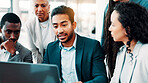 Business, people and meeting at laptop for planning, campaign management or project feedback in office. Company team, man leader or discussion at tech for brainstorming, online presentation or advice