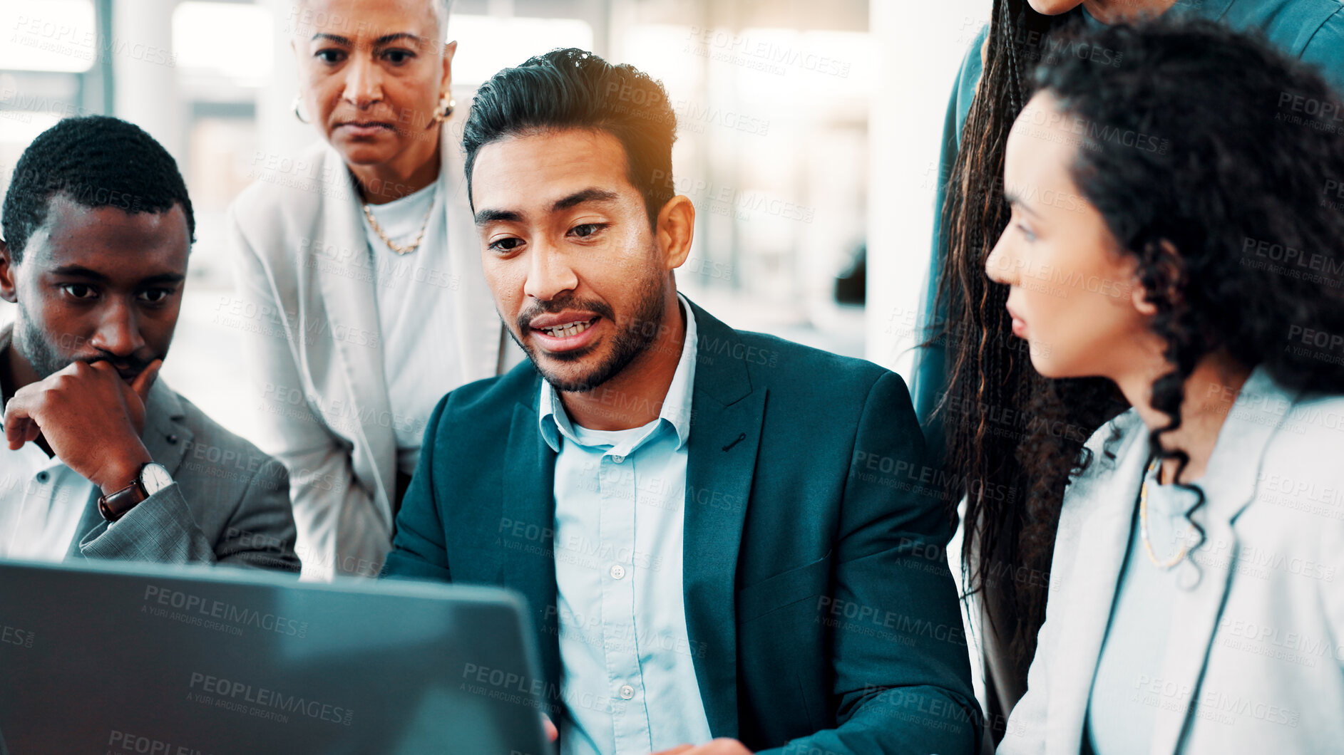 Buy stock photo Business, people and meeting at laptop for planning, campaign management or project feedback in office. Company team, man leader or discussion at tech for brainstorming, online presentation or advice