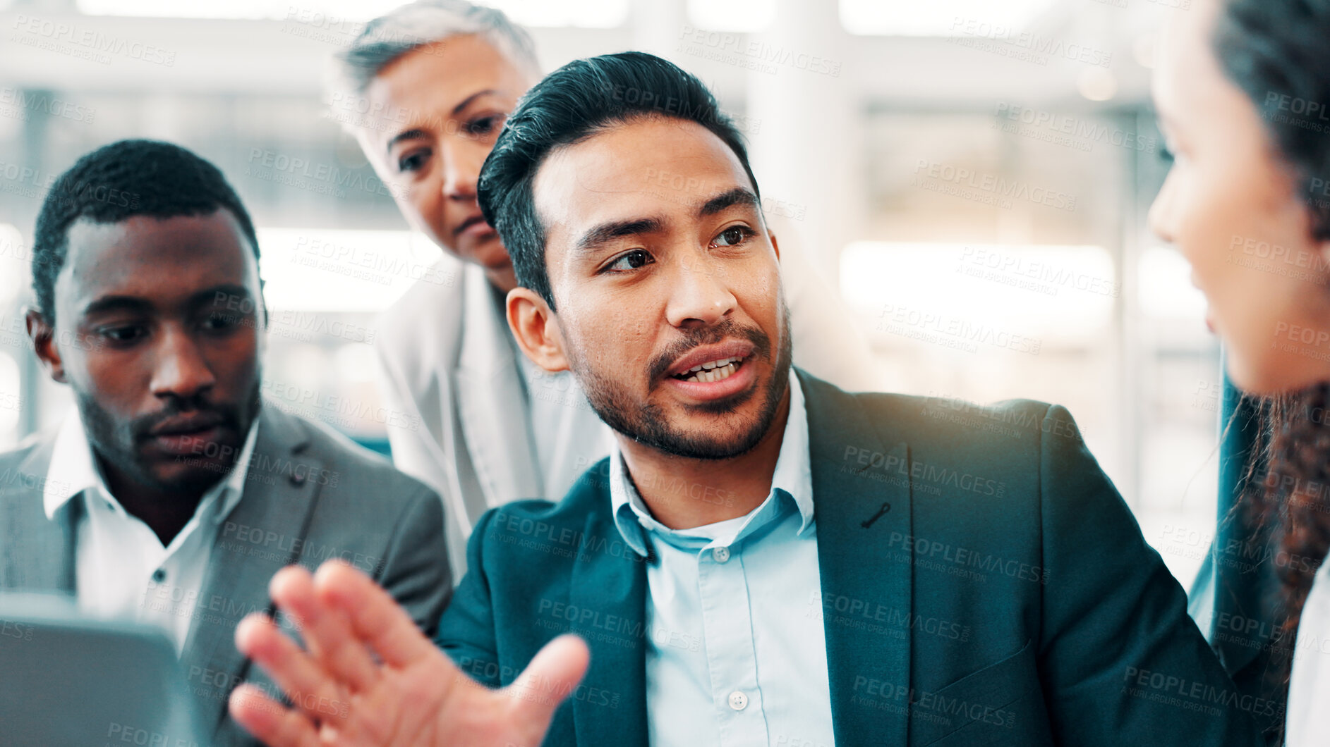 Buy stock photo Businessman, discussion and meeting in office for planning, campaign management and project feedback. Company team, leader and workshop at tech for brainstorming, online presentation and advice