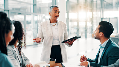 Buy stock photo Meeting, manager and business people with tablet for online project, collaboration and discussion. Professional, corporate team and men and women on digital tech for research, website and proposal
