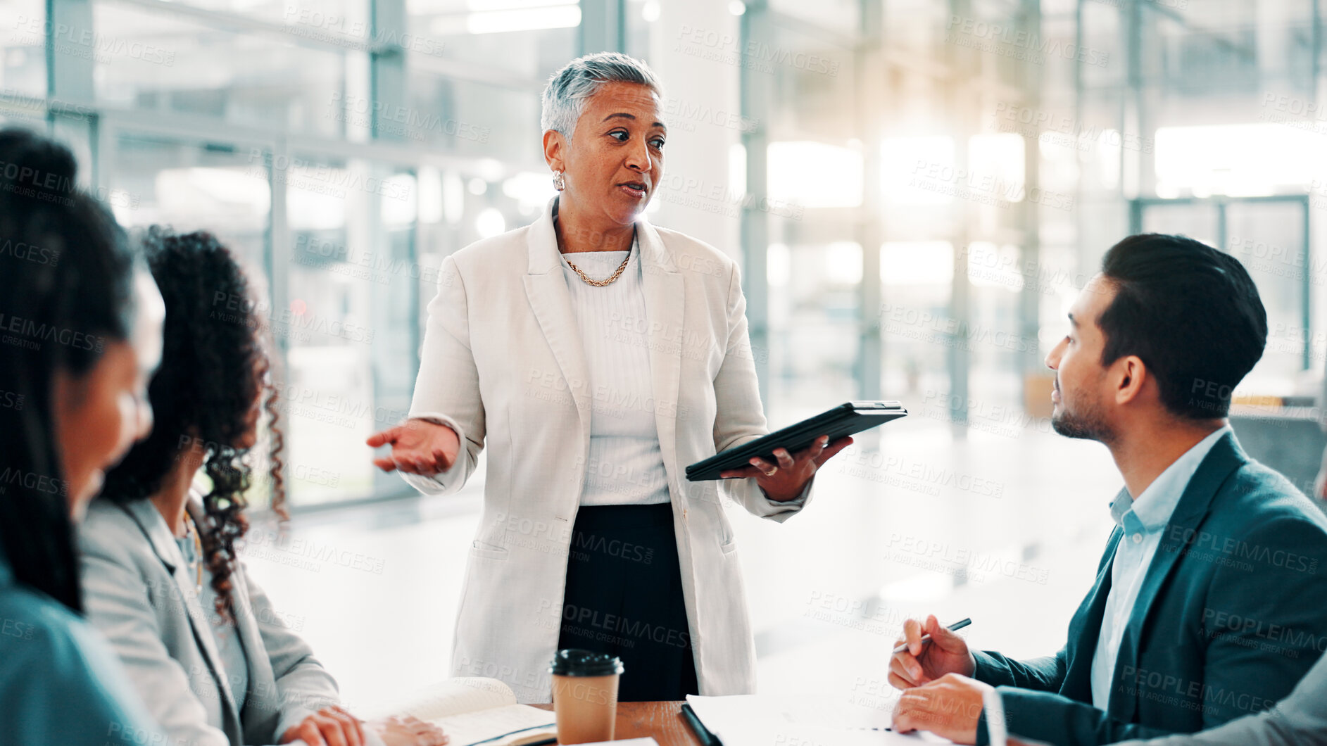 Buy stock photo Meeting, manager and business people with tablet for online project, collaboration and discussion. Professional, corporate team and men and women on digital tech for research, website and proposal