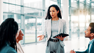 Buy stock photo Meeting, presentation and business people with tablet for online project, collaboration and discussion. Professional, corporate and woman with team on digital tech for research, feedback and proposal
