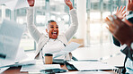 Businesswoman, excited and throw paper in meeting for achievement, financial success or company target. People, finance team or investors in office with celebration and applause for completed project