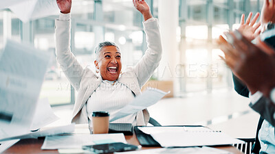 Buy stock photo Businesswoman, excited and throw paper in meeting for achievement, financial success or company target. People, finance team or investors in office with celebration and applause for completed project