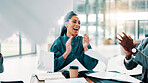 Businesswoman, applause and throw paper in meeting for achievement, financial success or company target. People, finance team or investors in office with celebration and excited for completed project