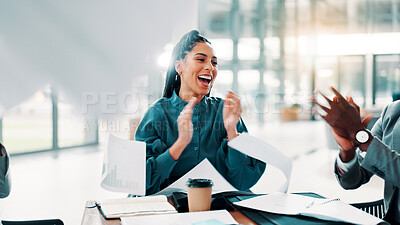 Buy stock photo Businesswoman, applause and throw paper in meeting for achievement, financial success or company target. People, finance team or investors in office with celebration and excited for completed project