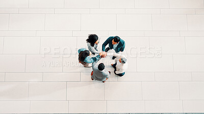 Buy stock photo Above, hands stack and business people in office, celebration and team building. Group, consulting agency and employees in workspace, achievement and success with cooperation, top view and commitment