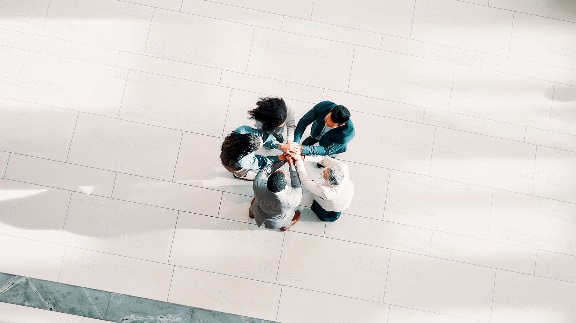 Buy stock photo Above, hands together and business people in office, celebration and commitment. Group, consulting agency and employees in workplace, achievement and success with cooperation, top view and b2b deal