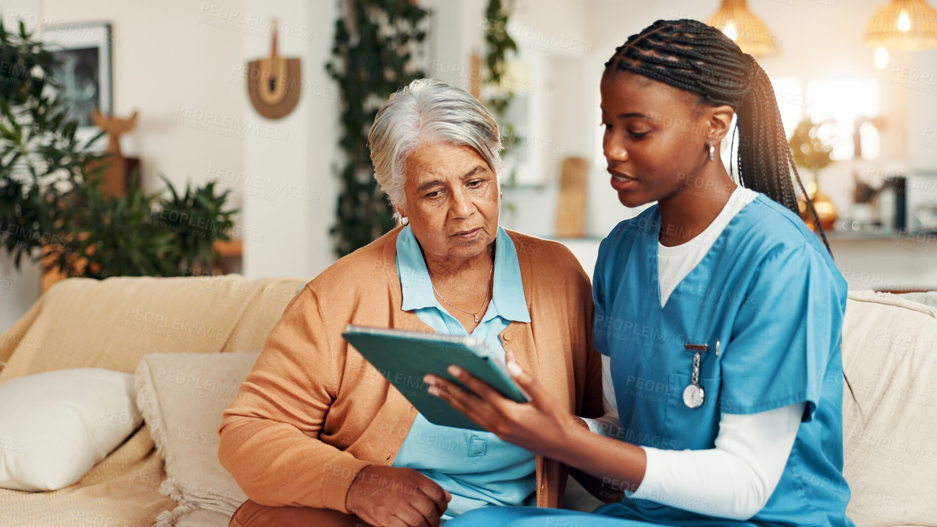 Buy stock photo Nurse, senior woman and tablet on sofa with report for wellness, medical update and talk in lounge. People, caregiver and elderly patient on couch with digital touchscreen, app and healthcare results