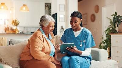 Buy stock photo Nurse, senior woman and tablet on couch with smile for good news, medical report and talk in lounge. People, caregiver and elderly patient on sofa with digital touchscreen, app and healthcare results