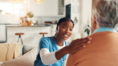 Buy stock photo Happy, support and nurse with old woman on sofa for Healthcare advice, kindness and trust. Medical caregiver, retirement and consulting with senior patient in nursing home for help and elderly care