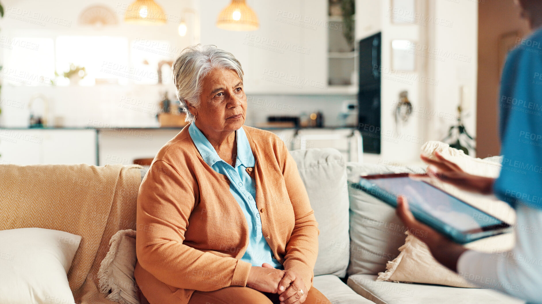 Buy stock photo Tablet, discussion and senior woman with nurse for medical consultation on sofa in home. Technology, conversation and caregiver explain with elderly patient, diagnosis and assisted living at house