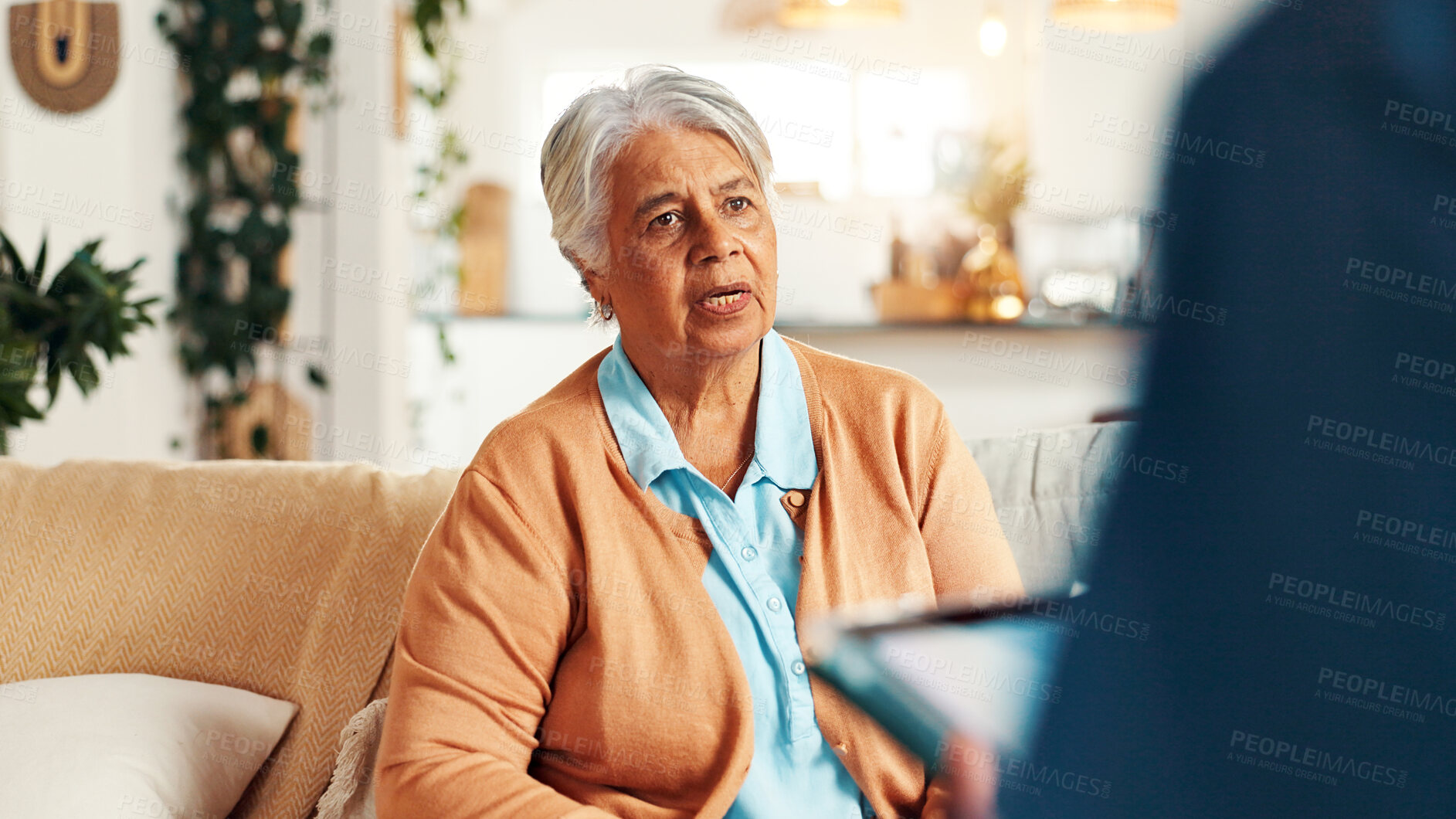 Buy stock photo Tablet, discussion and mature woman with nurse for medical consultation on sofa in home. Technology, conversation and caregiver explain with elderly patient, diagnosis and assisted living at house