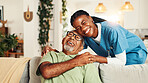 Hugging, portrait and nurse with senior man for comfort, support or care for good news. Happy, consultation and caregiver embracing elderly male patient on sofa in living room at nursing home.