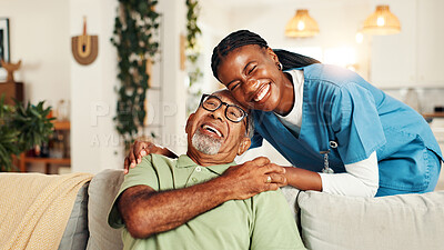Buy stock photo Hugging, happy and nurse with senior man for comfort, support or care for good news. Portrait, consultation and caregiver embracing elderly male patient on sofa in living room at nursing home.