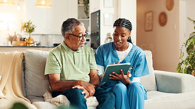 Buy stock photo Nurse, elderly man and tablet on couch with smile for wellness, medical update and report in lounge. Woman, caregiver and senior patient on sofa with digital touchscreen, app and healthcare results