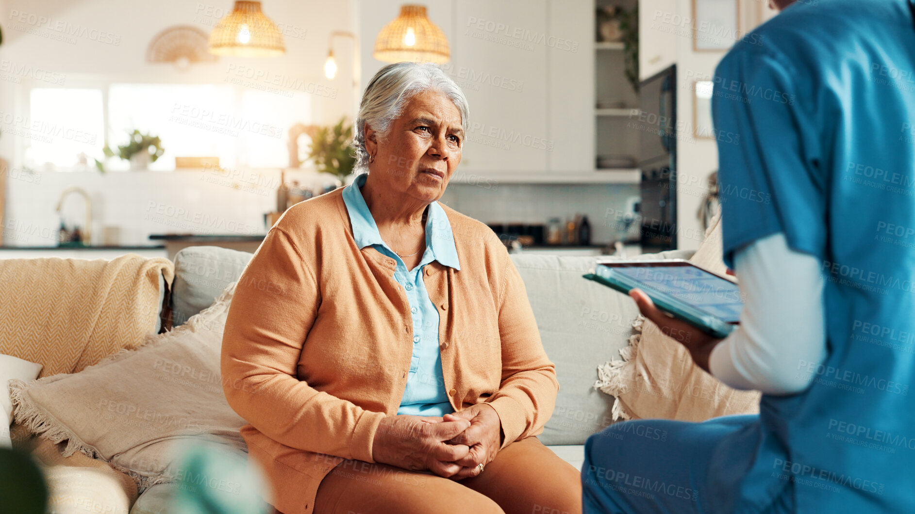 Buy stock photo Tablet, discussion and mature woman with caregiver for medical consultation on sofa in home. Technology, conversation and nurse explain with elderly patient, diagnosis and assisted living at house