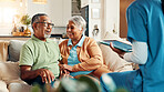 Nurse, senior couple and tablet in retirement for report with medical results, feedback or happy for good news. Caregiver, elderly man and woman with digital touchscreen, app or consultation in home
