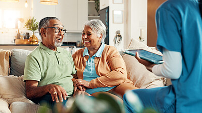 Buy stock photo Nurse, senior couple and tablet in retirement for report with medical results, feedback or happy for good news. Caregiver, elderly man and woman with digital touchscreen, app or consultation in home