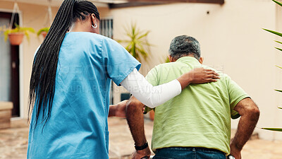 Buy stock photo Back, outdoor and nurse with old man, help and mobility support with balance, physical therapy and trust. Home, pensioner or elderly person with caregiver, rehabilitation and retirement with recovery