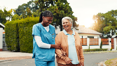 Buy stock photo Senior, woman and walking with nurse outdoor with laughing, funny conversation and retirement wellness. Happy, caregiver and old person in road with mobility support, bonding together and fresh air